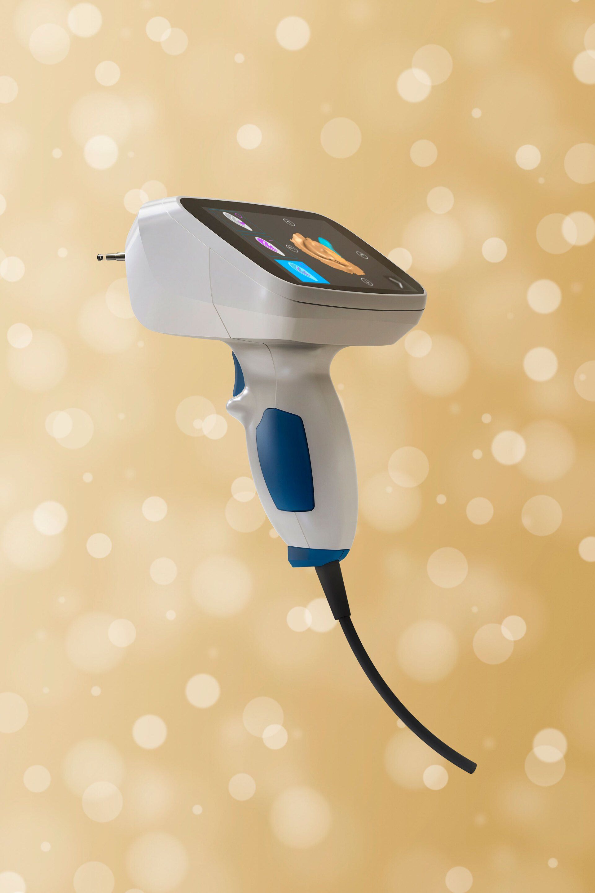 A close up of a barcode scanner on a gold background.