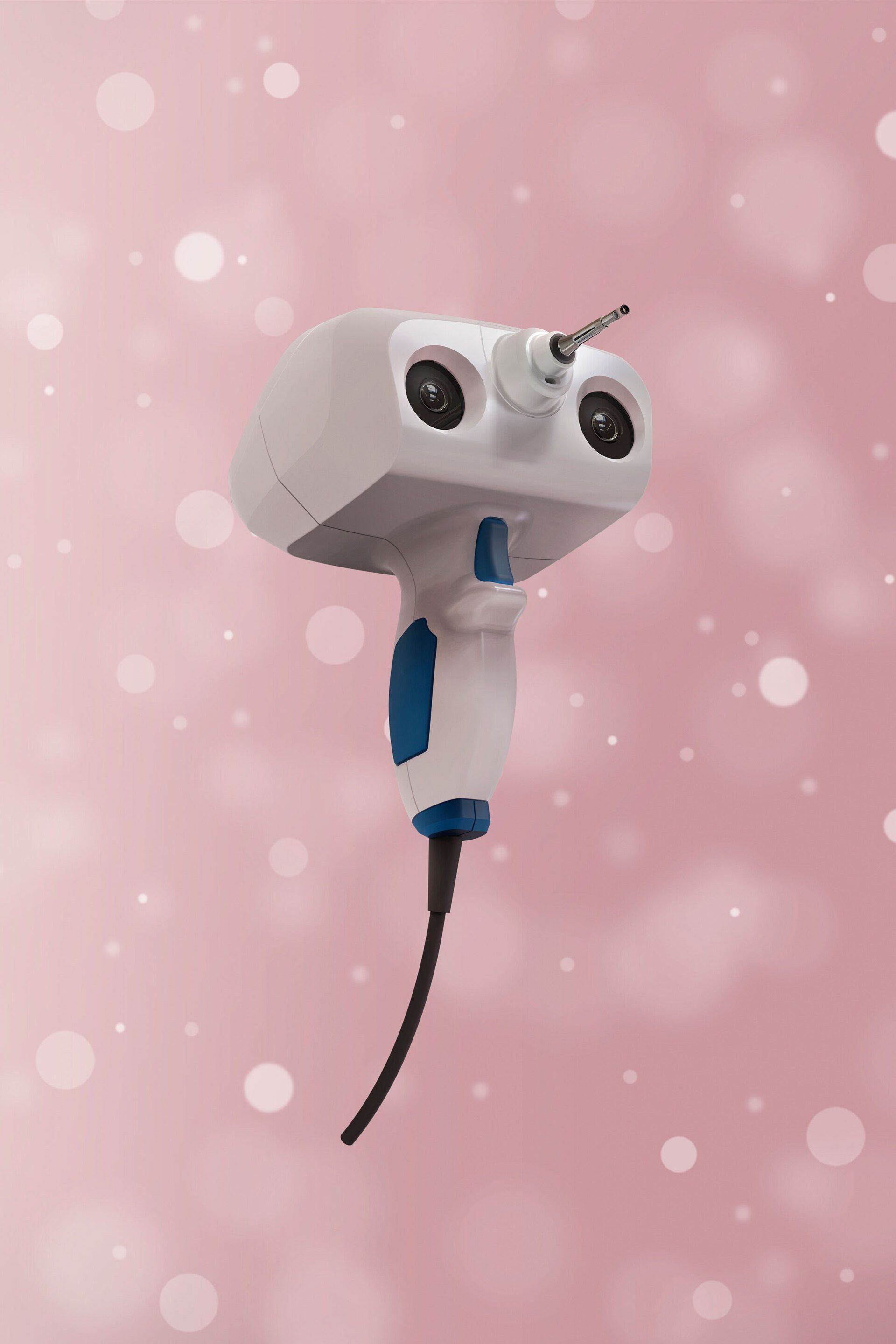 A white and blue object is floating in the air on a pink background.