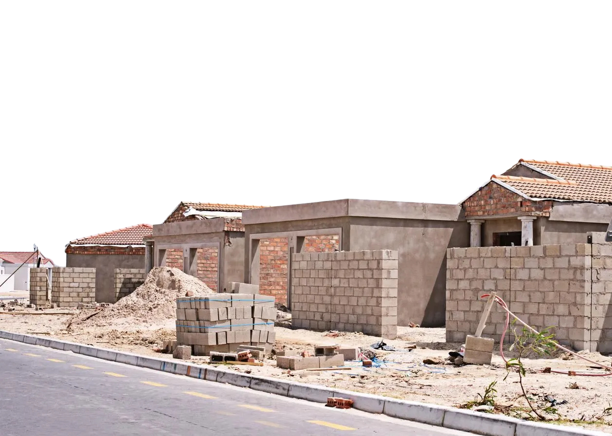 A row of brick buildings under construction next to a road