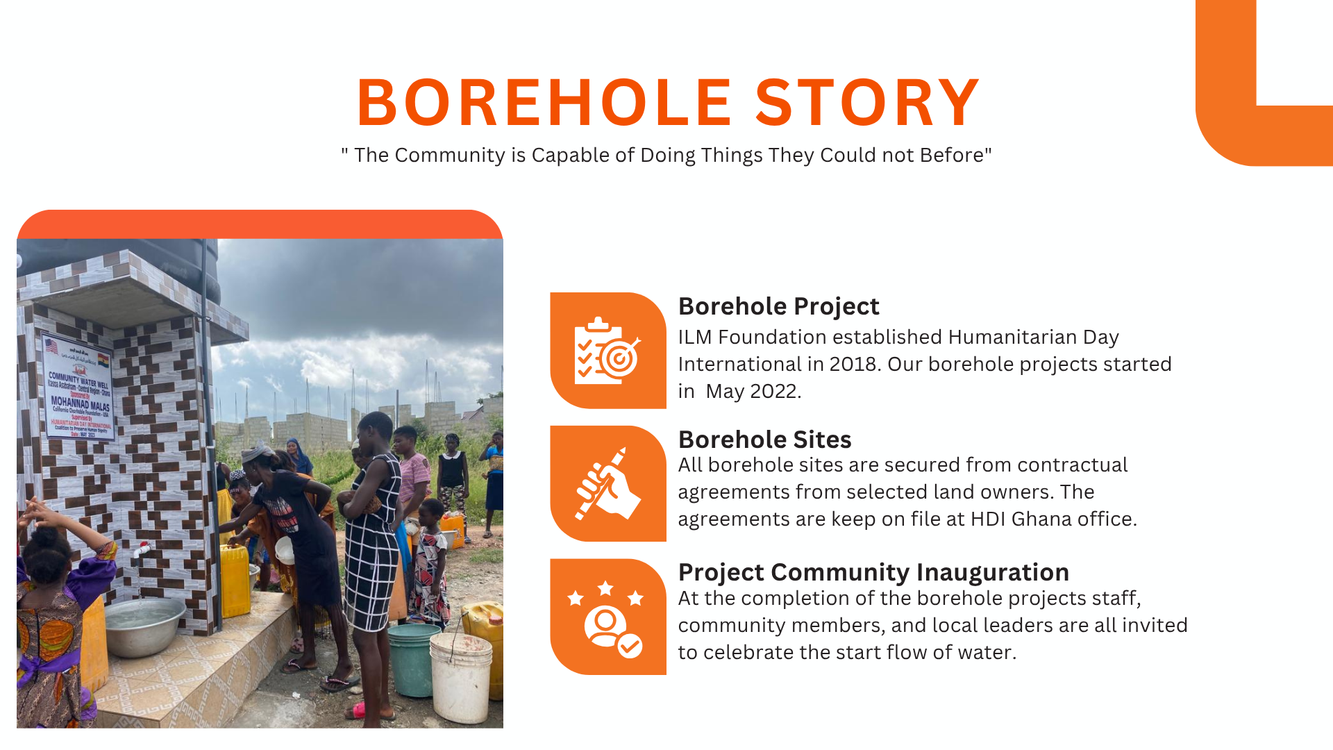 Community members at a borehole. Orange accents highlight text describing the project's initiation and status.