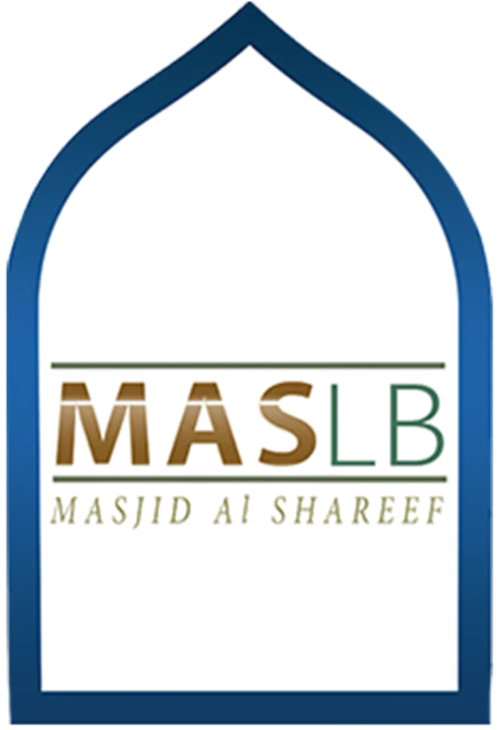 Blue arched frame with "MASLB" in brown letters and "MASJID AI SHAREEF" below in green.
