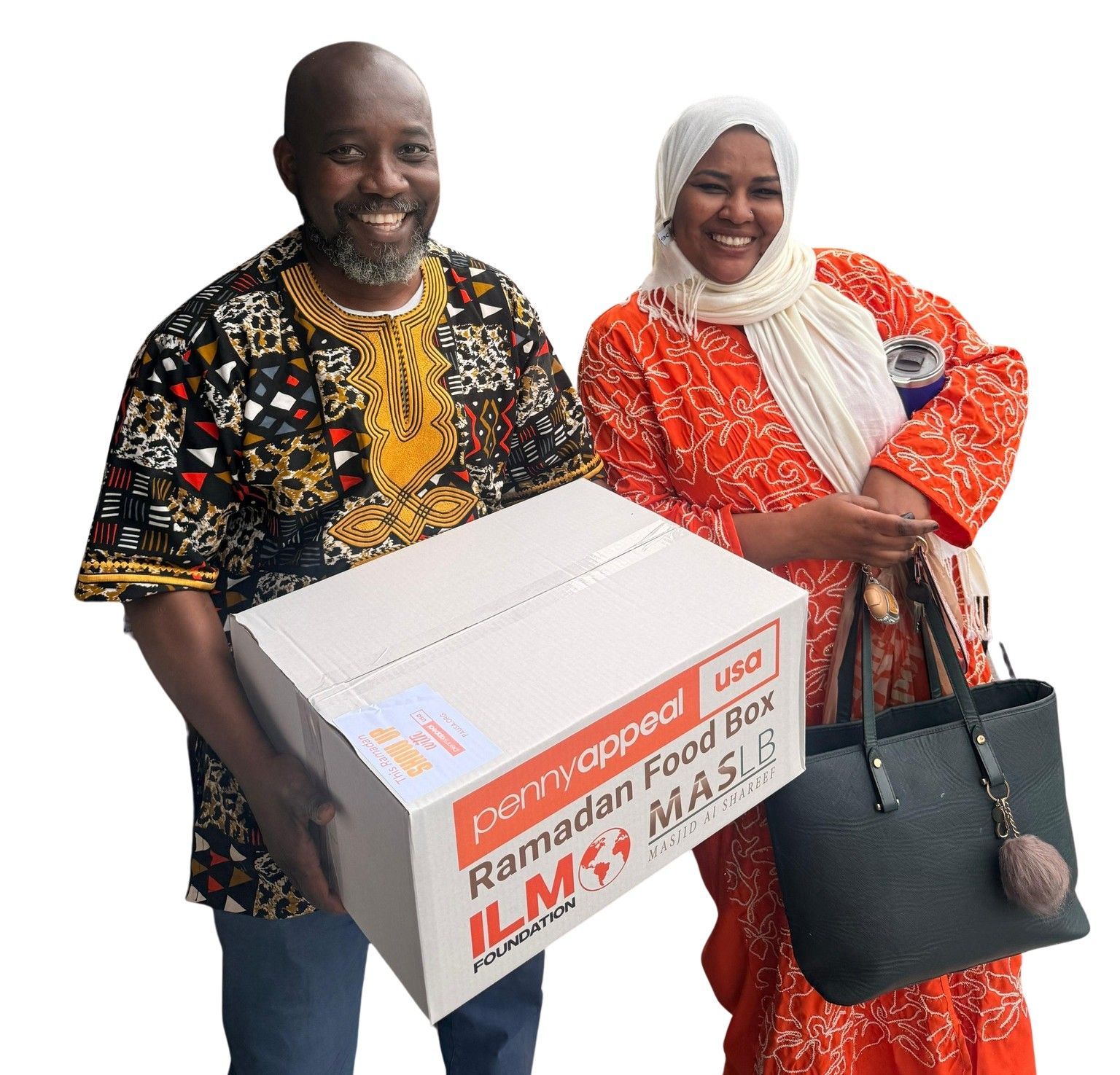Man giving a box to a woman with a baby in a stroller.