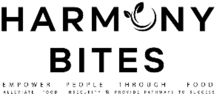 Harmony Bites logo with text and plant-like symbol. Empower people through food and provide pathways.