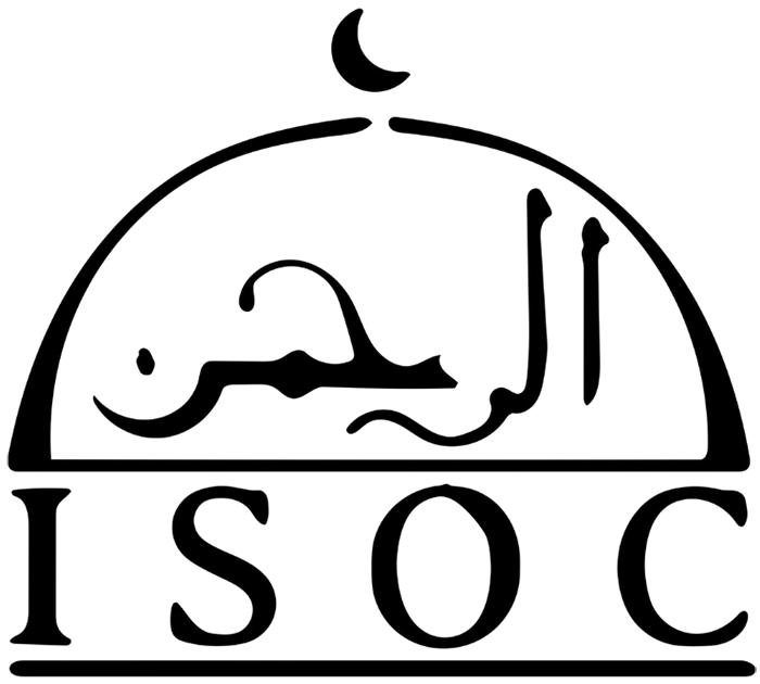 Logo with Islamic calligraphy above "ISOC" inside a dome shape, topped with a crescent moon.