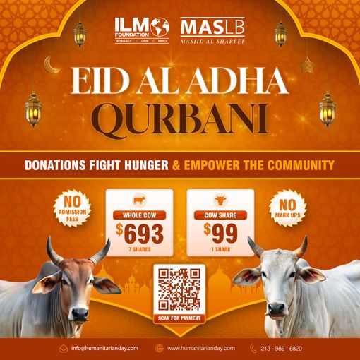 Eid al-Adha Qurbani donation poster with orange background, cow and goat, QR code, and donation amounts.