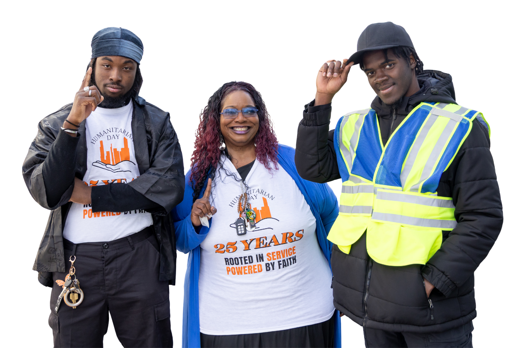 Three people smiling; wearing t-shirts, one with 