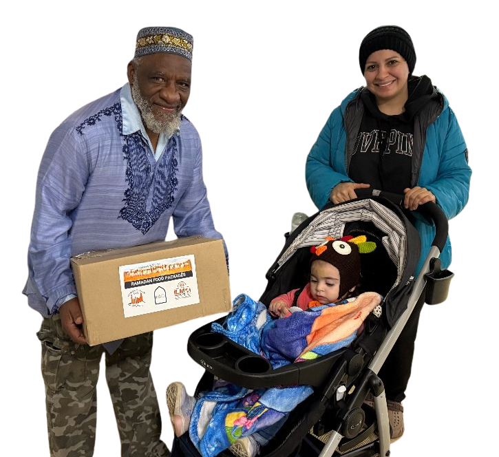 Man giving a box to a woman with a baby in a stroller.