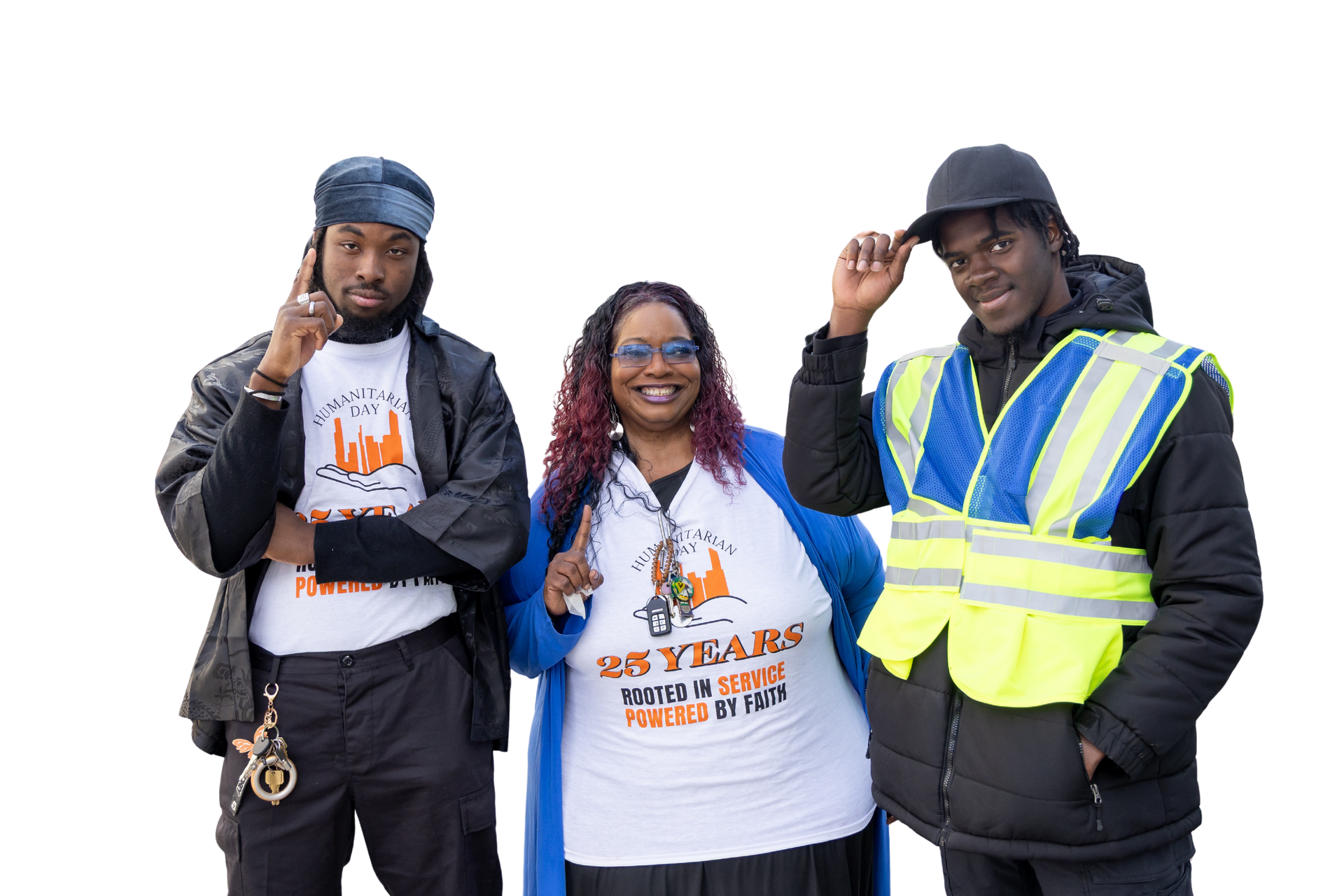 A group of people standing next to each other on a white background.