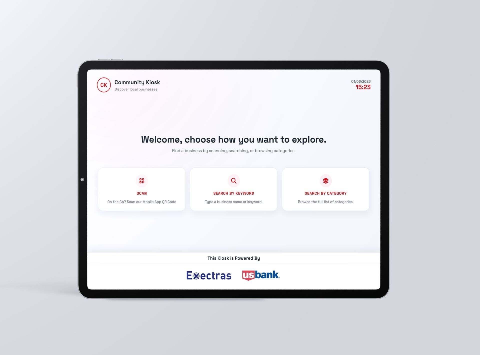 Tablet screen: Website asking how to explore. Options: "Explore ATMs", "Open a new account", and "Explore savings."