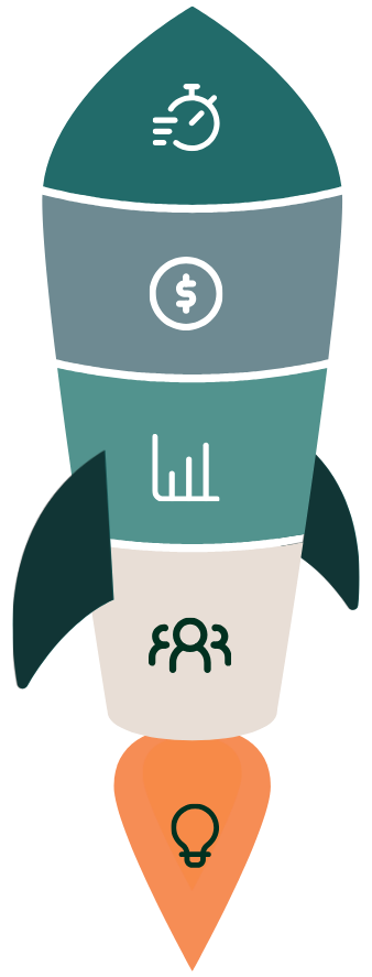 Illustration of a rocket with colored sections representing time, money, and growth.