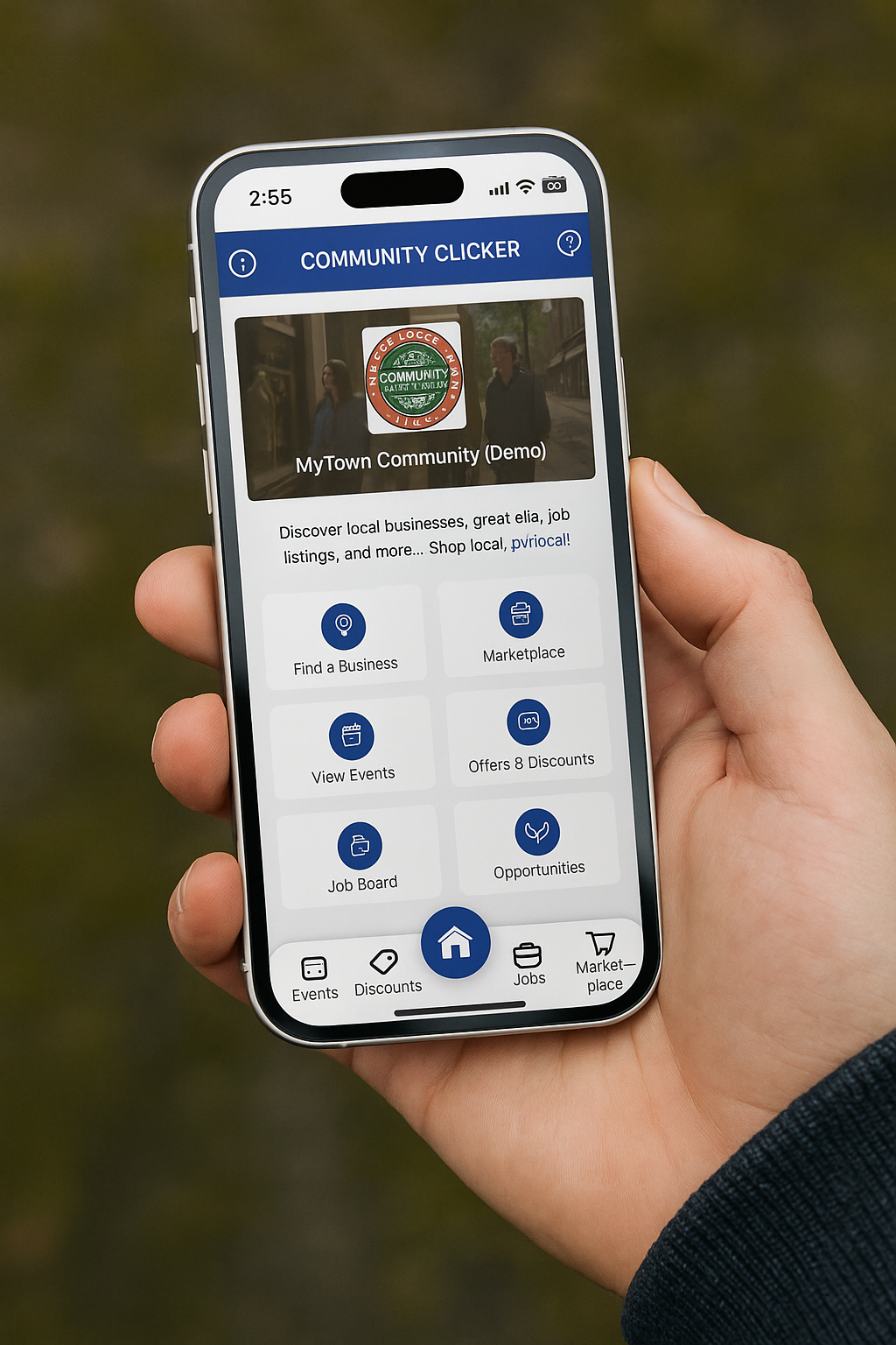 A hand holding a smartphone displaying a website with icons and a logo with a forest scene.