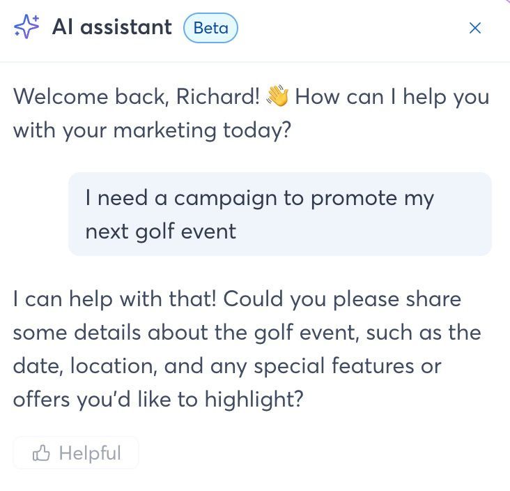 An AI assistant chatbot window on a screen showing a conversation about planning a marketing campaign for a golf event.