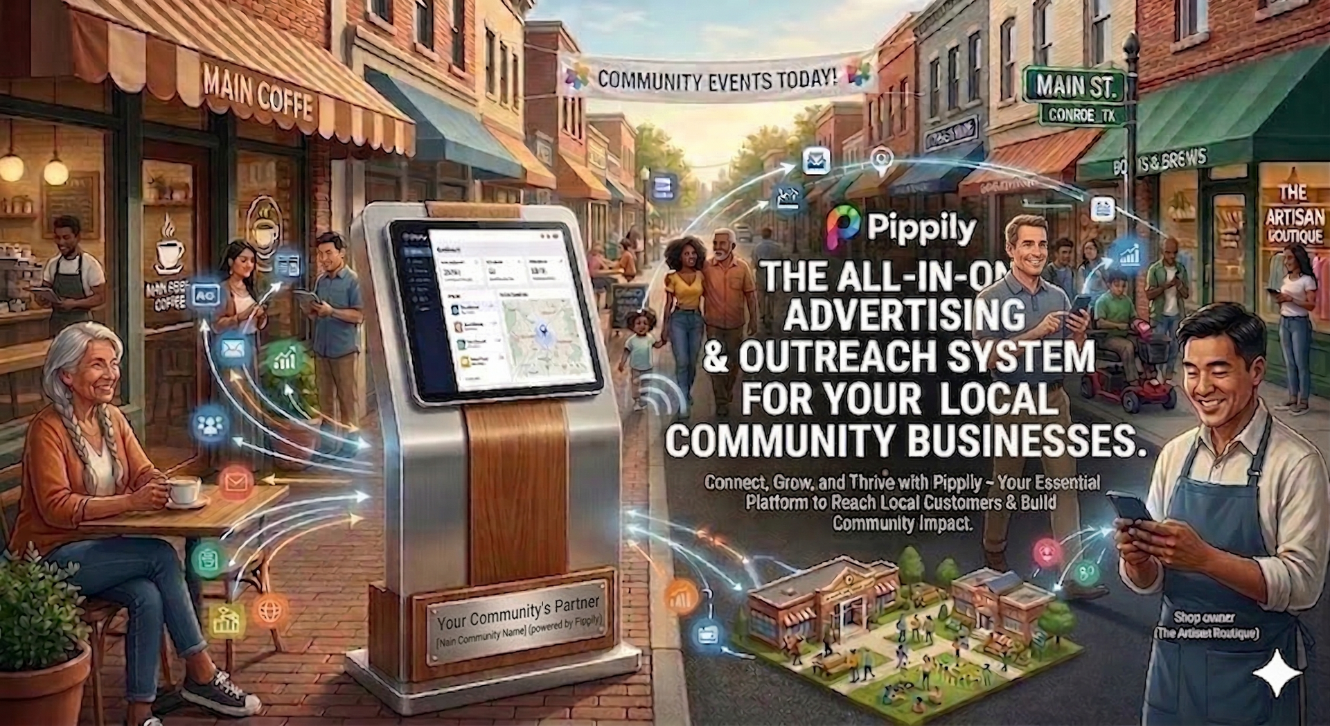 A person holds a tablet displaying marketing analytics in a town square, promoting the Pippily advertising system.