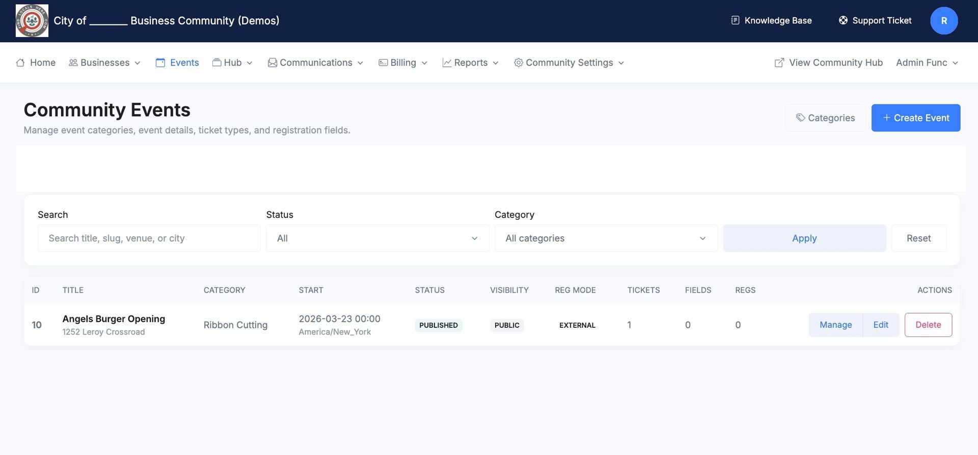 Web interface showing a Community Grants table with a list of active funding requests and management options.