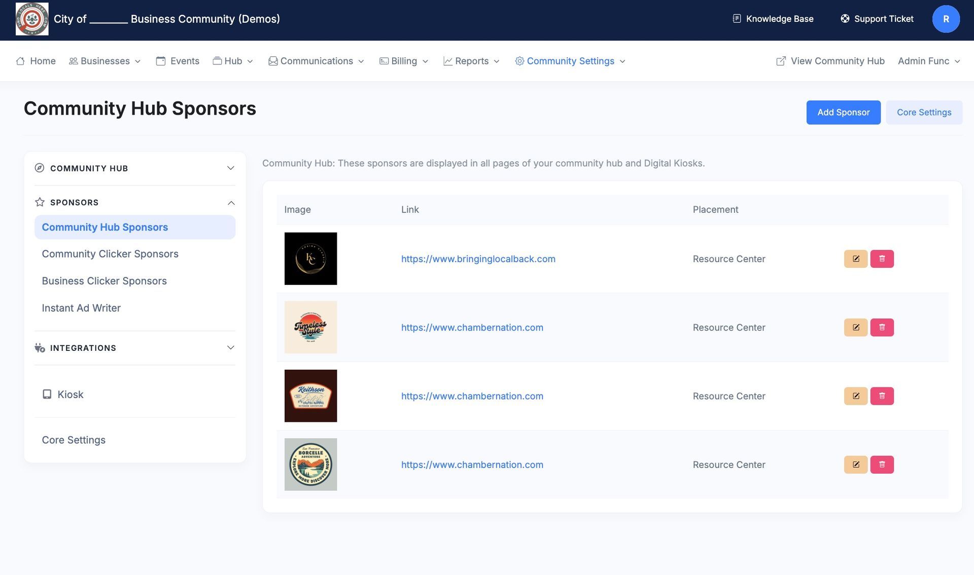 Web dashboard showing a list of community events with titles, descriptions, dates, and edit or delete action buttons.