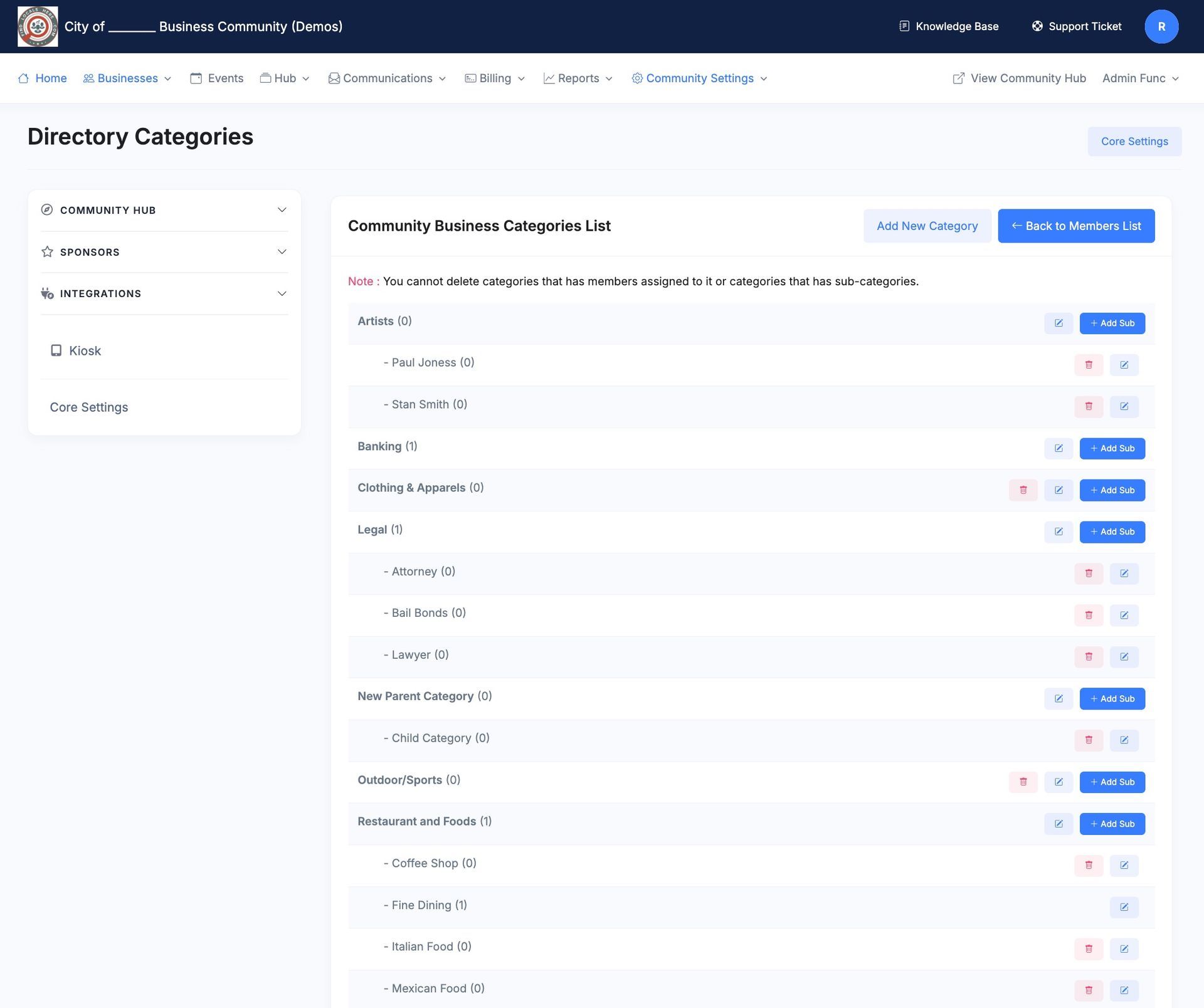 A directory categories settings page with an organized, hierarchical list of items with edit and delete options.