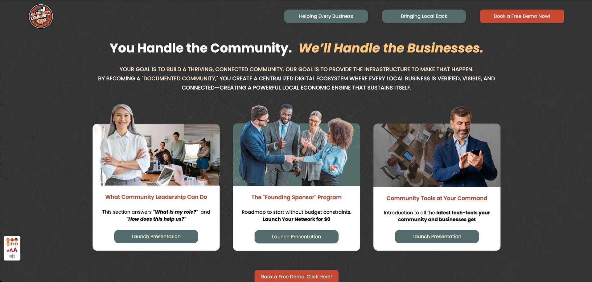 Business services landing page with the headline, 