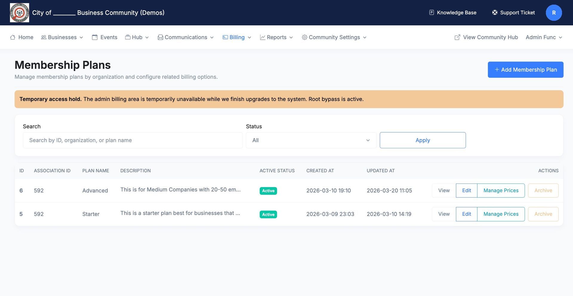 A software dashboard displaying a list of 