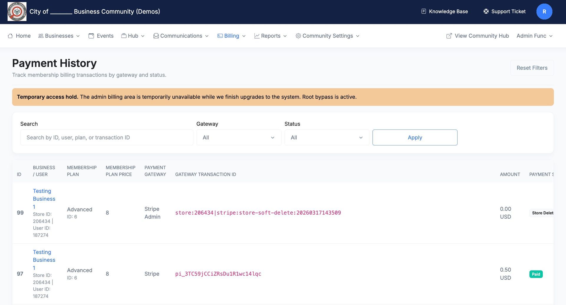 A digital payment history dashboard showing a list of transactions with payment status and action links.