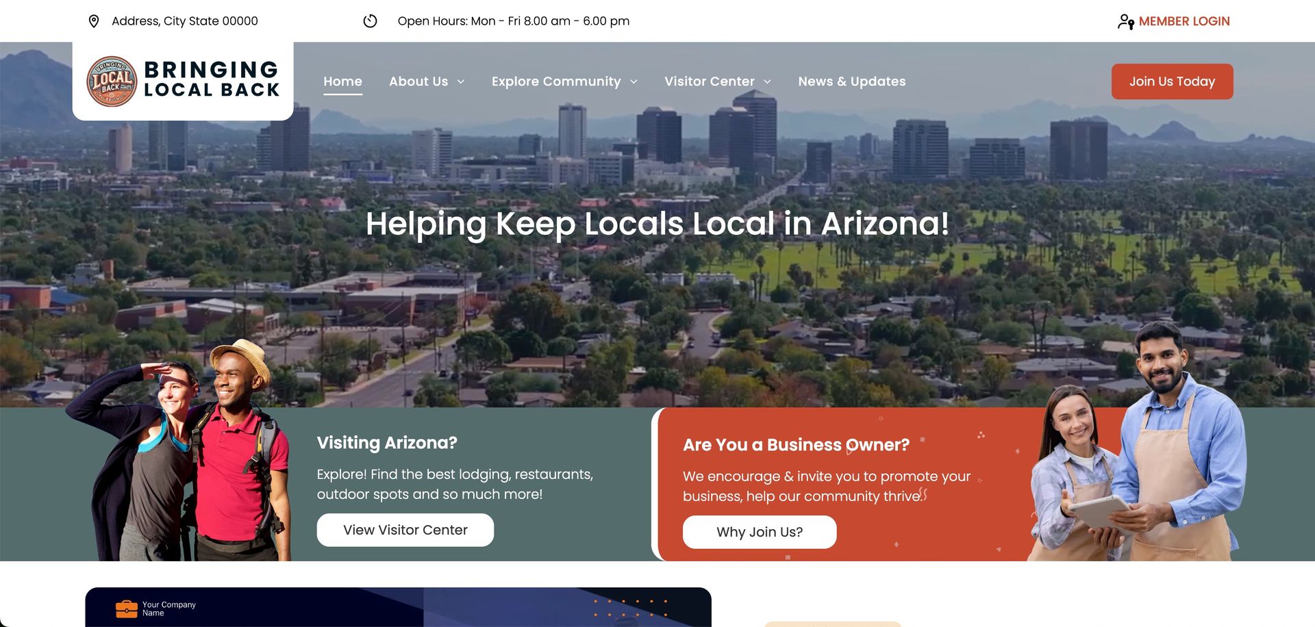 Homepage hero section of Keep Arizona Local featuring city skyline, text, and two pairs of people smiling.