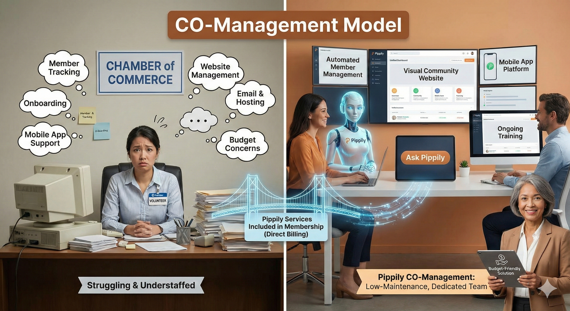 Comparison of work environments: pre-AI desk vs. modern office with AI.