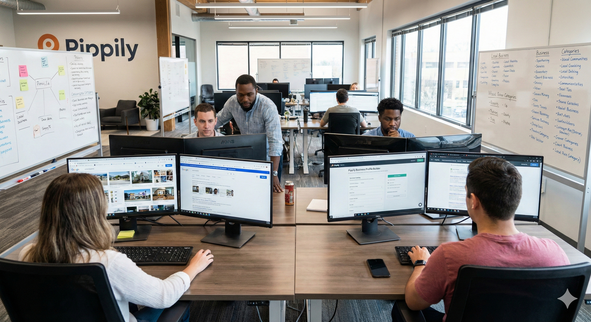 People working in an office with multiple monitors and whiteboards.