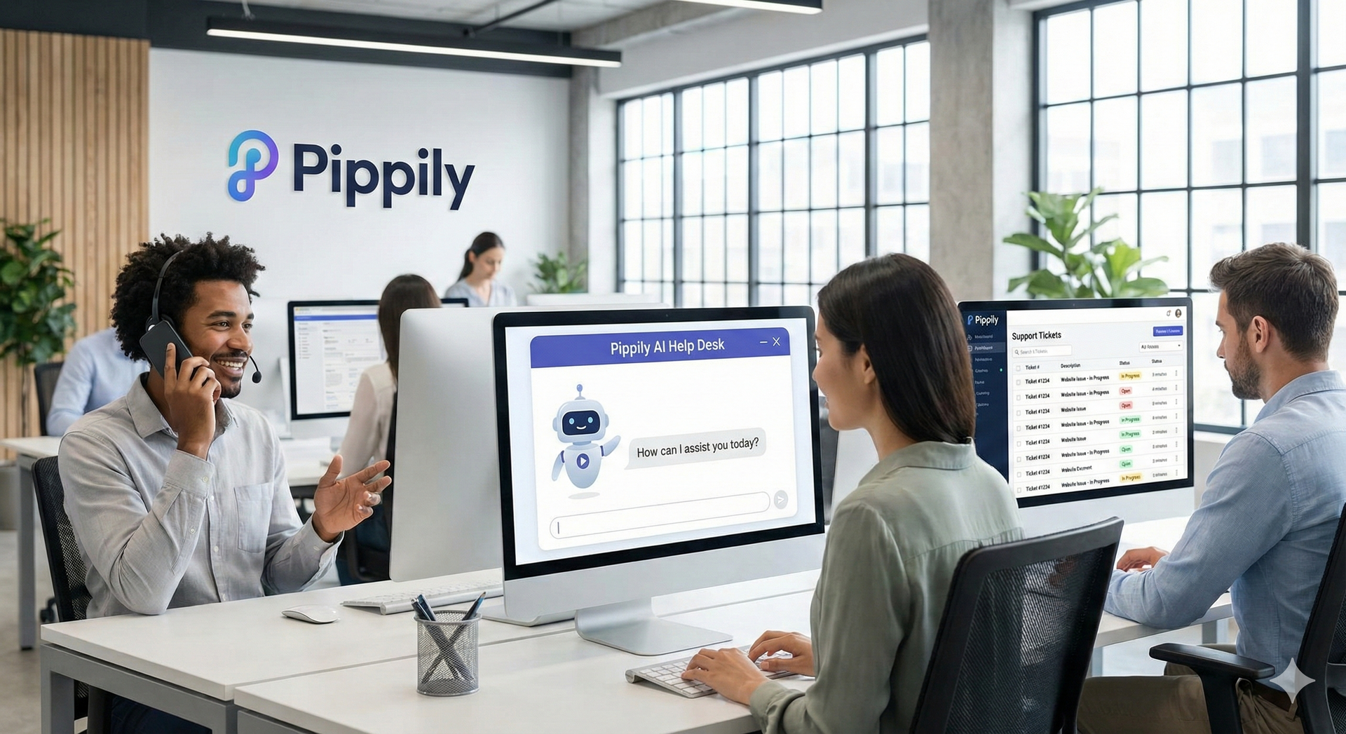 Office with people using computers, Pippily logo visible. One person wears a headset, others are seated.