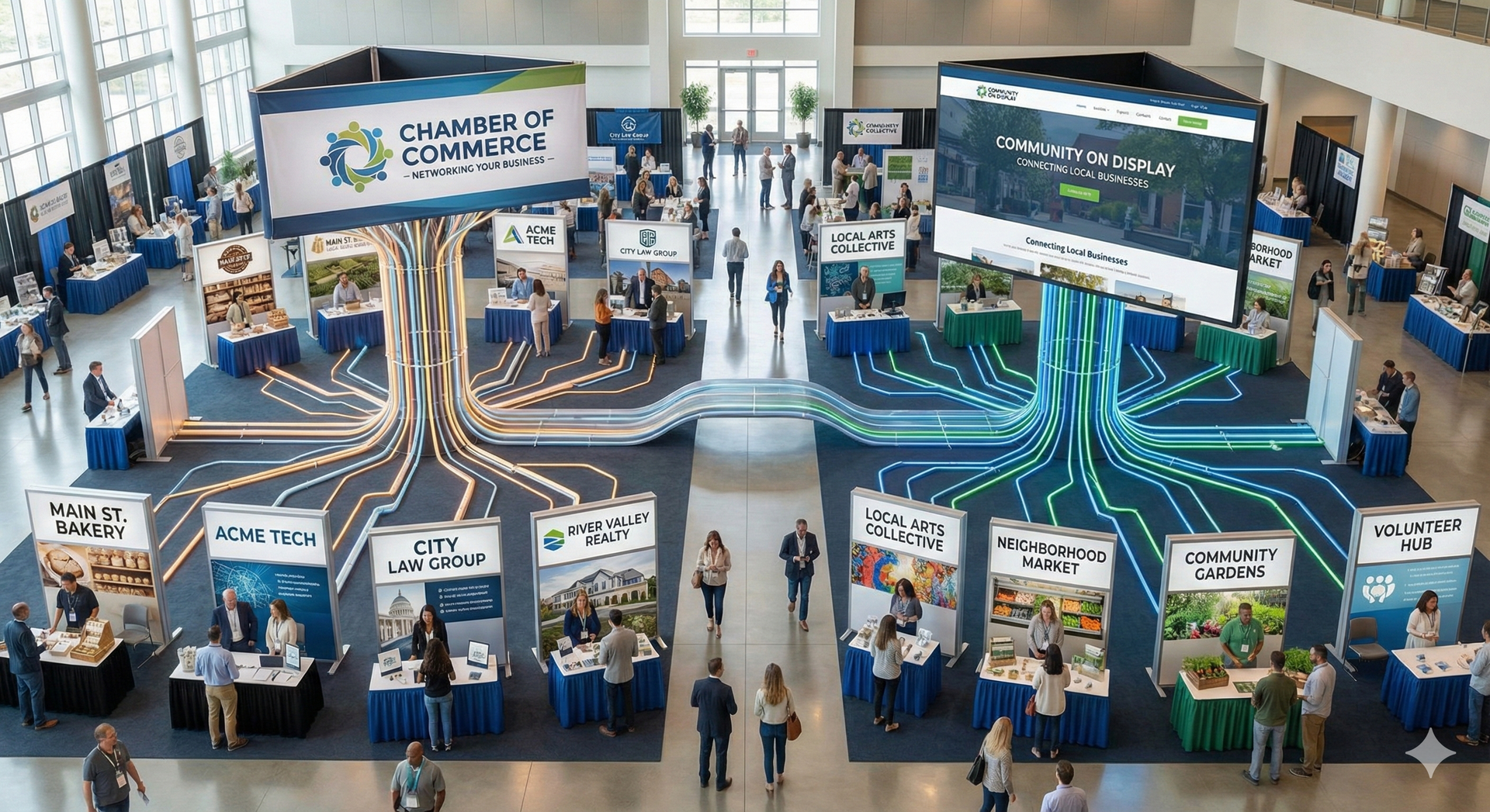 Trade show with booths, people, and large digital screens in a bright hall.