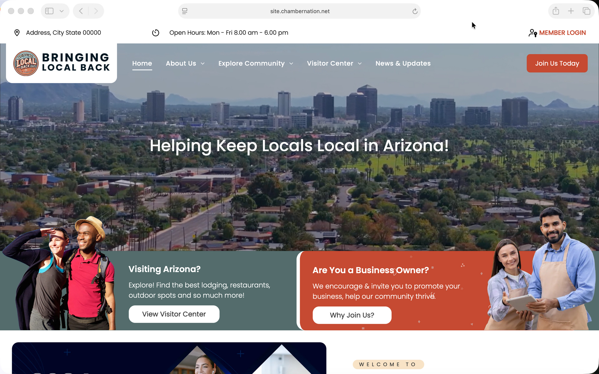 Website homepage with cityscape background, people, and calls to action.
