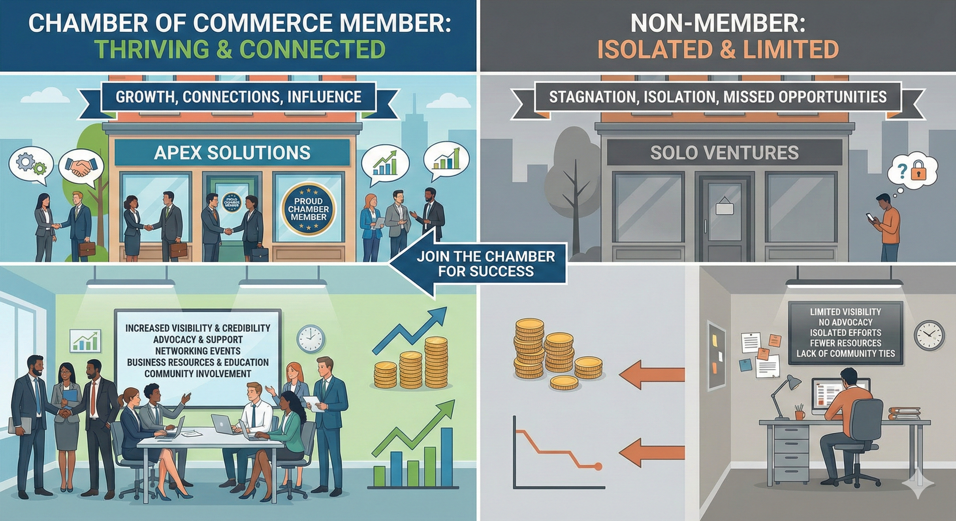 Diagram comparing chamber of commerce member vs. non-member, illustrating growth and connections versus isolation and limited opportunities.
