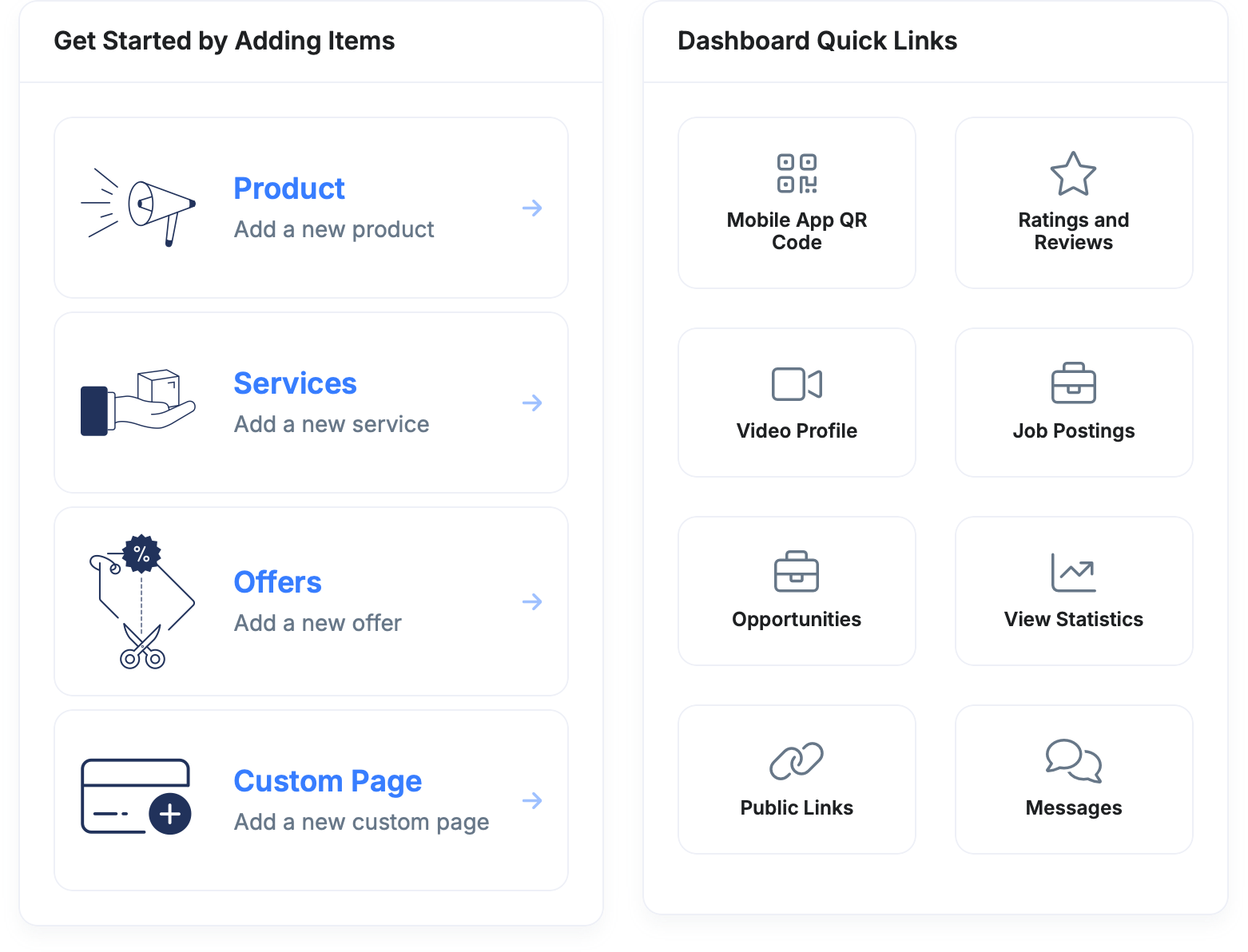 Dashboard with links to add items, view mobile app QR code, and manage various features.