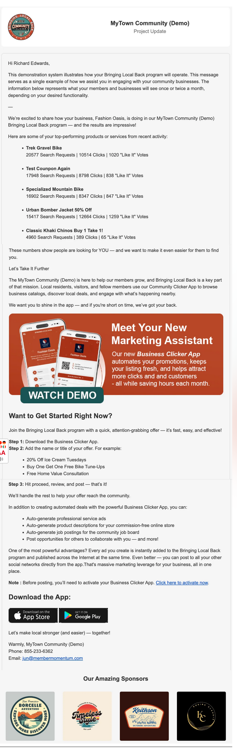 Email from a company with product advertisement, logo, and links to app stores.