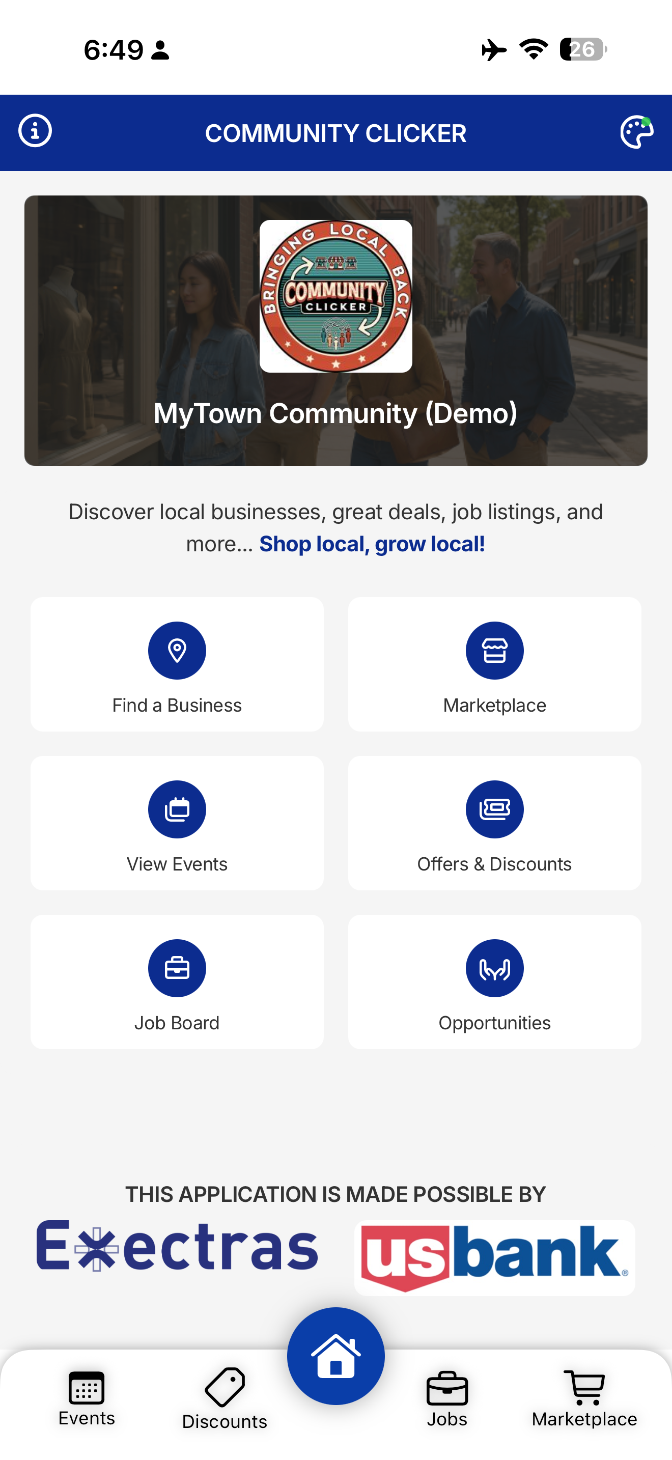 Mobile app screen with community features; shows a banner and multiple options in blue and white.