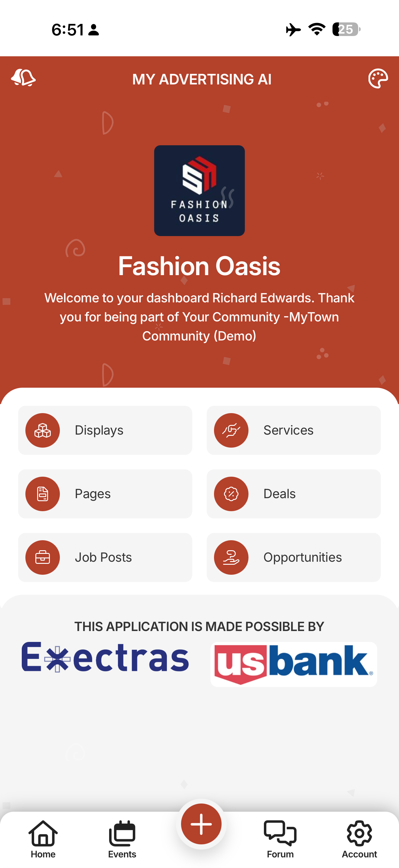 Fashion Oasis app interface with menu options and financial institution logos.