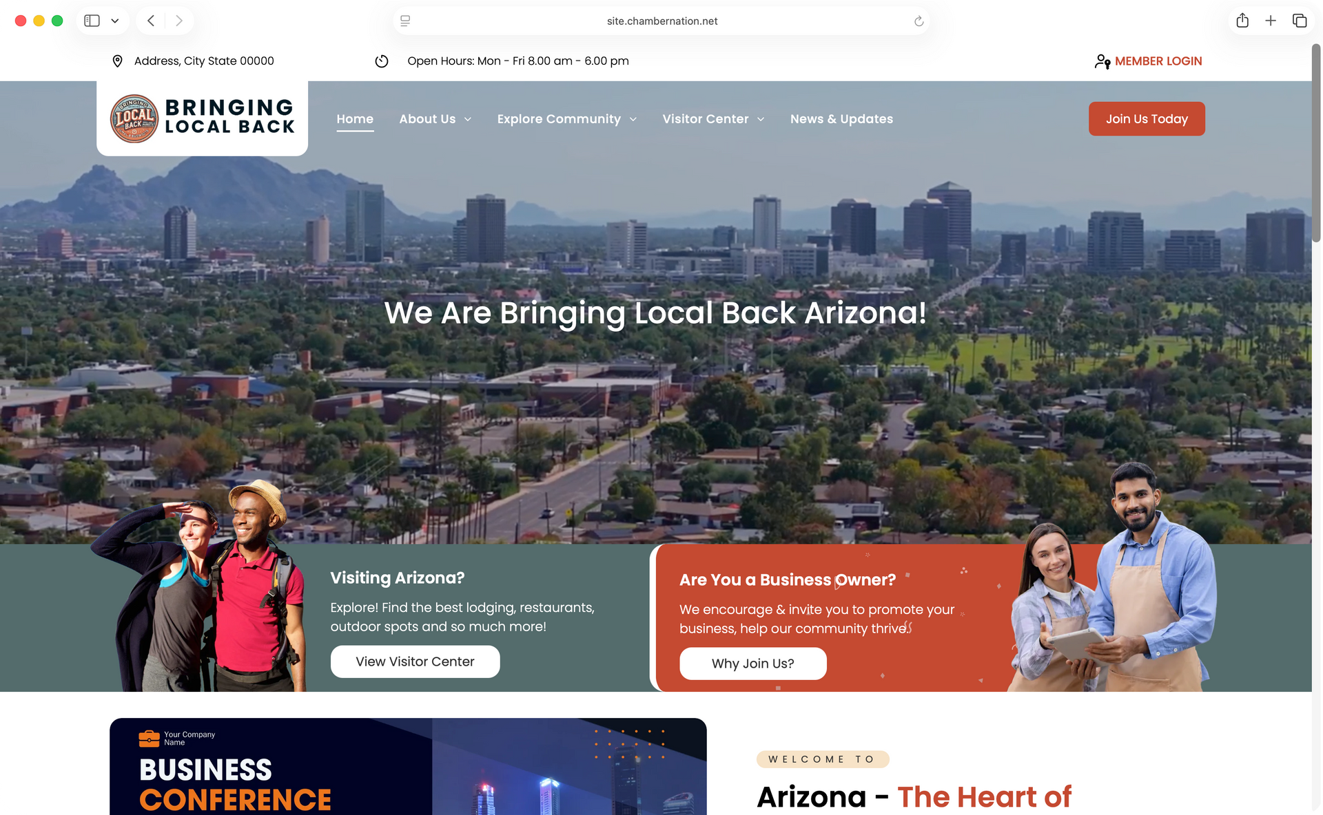 Website homepage with skyline, people, and 