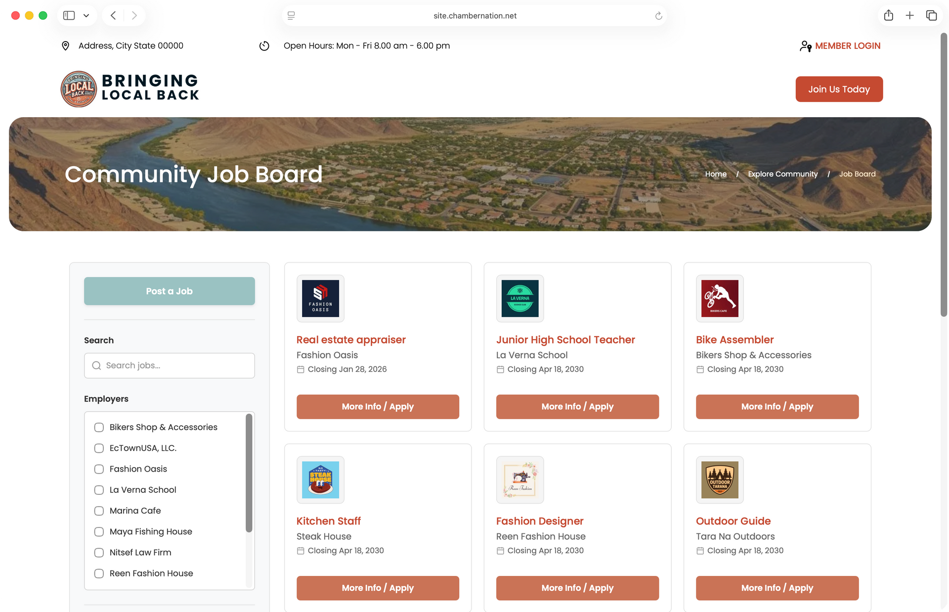 Community job board webpage with job listings and search filters.