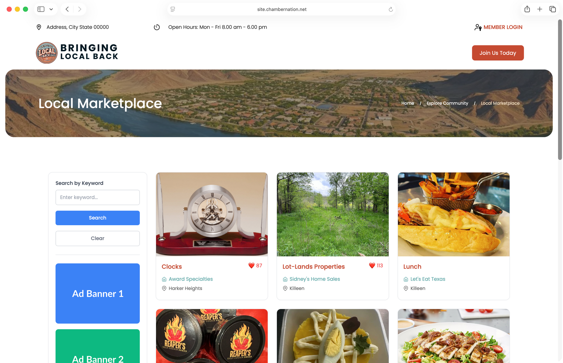 Screenshot of a local marketplace website, displaying items and user login features.