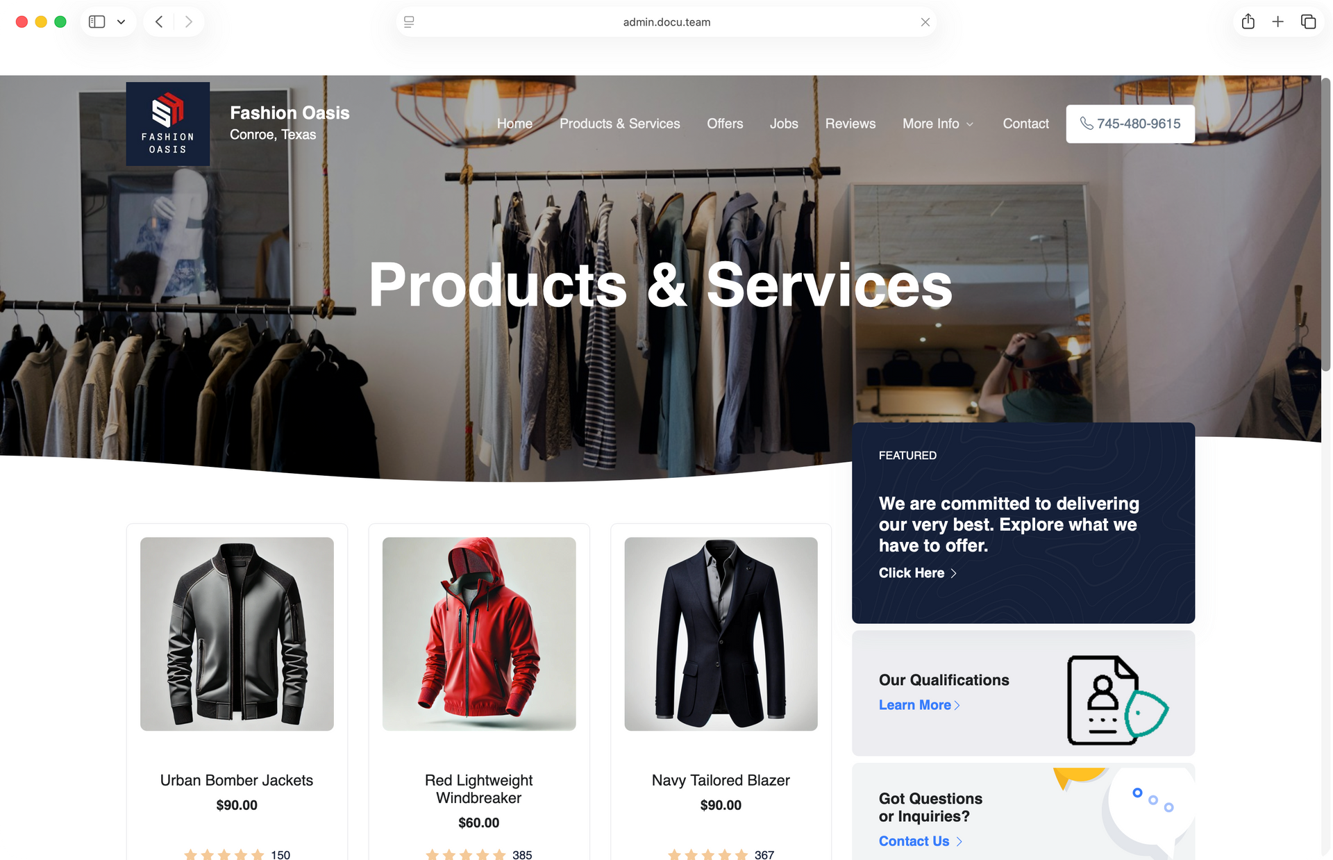 Fashion Code website with product display. Products include leather jacket, hoodie, suit.