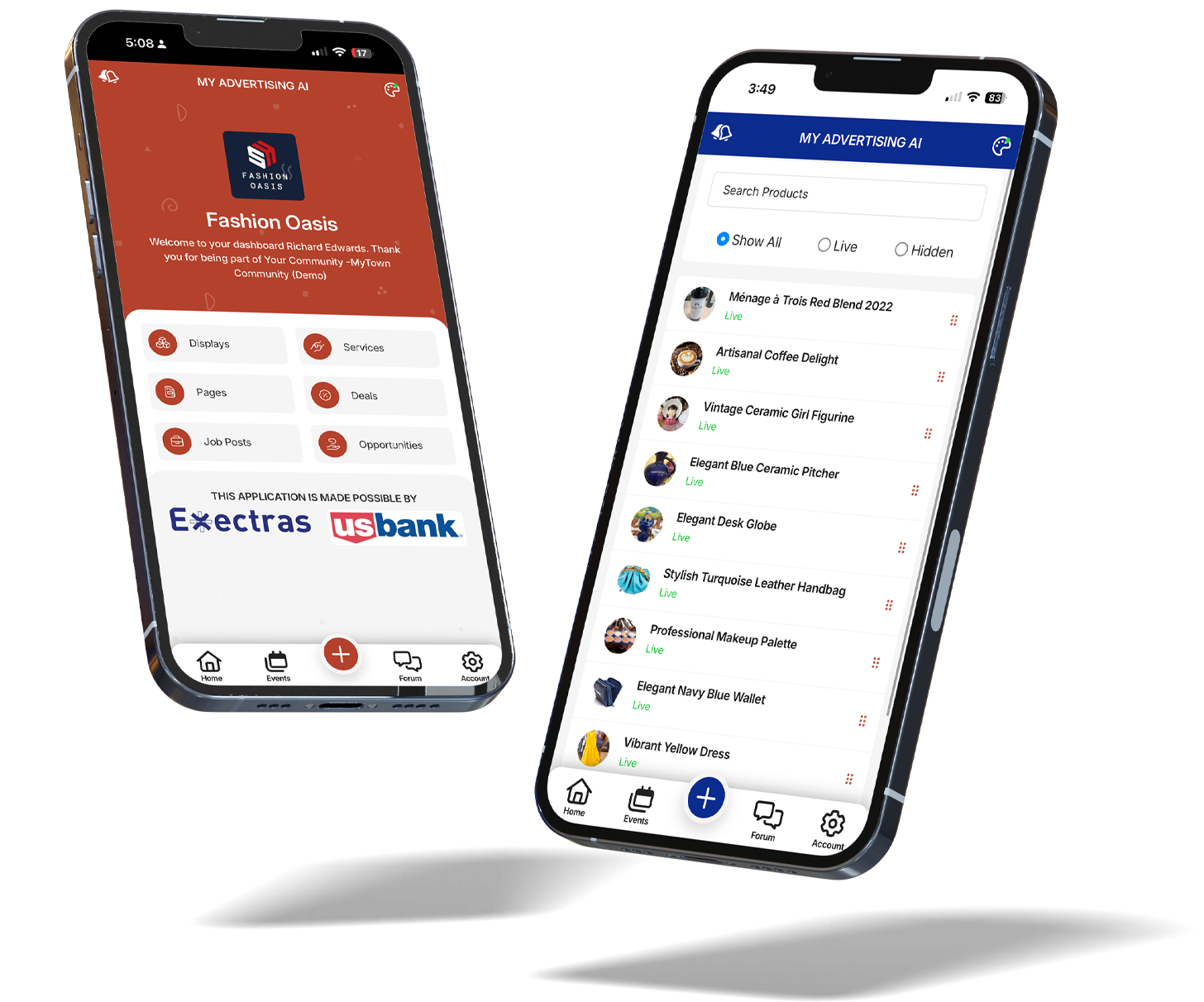 Two smartphones displaying app interfaces with different content and color schemes.