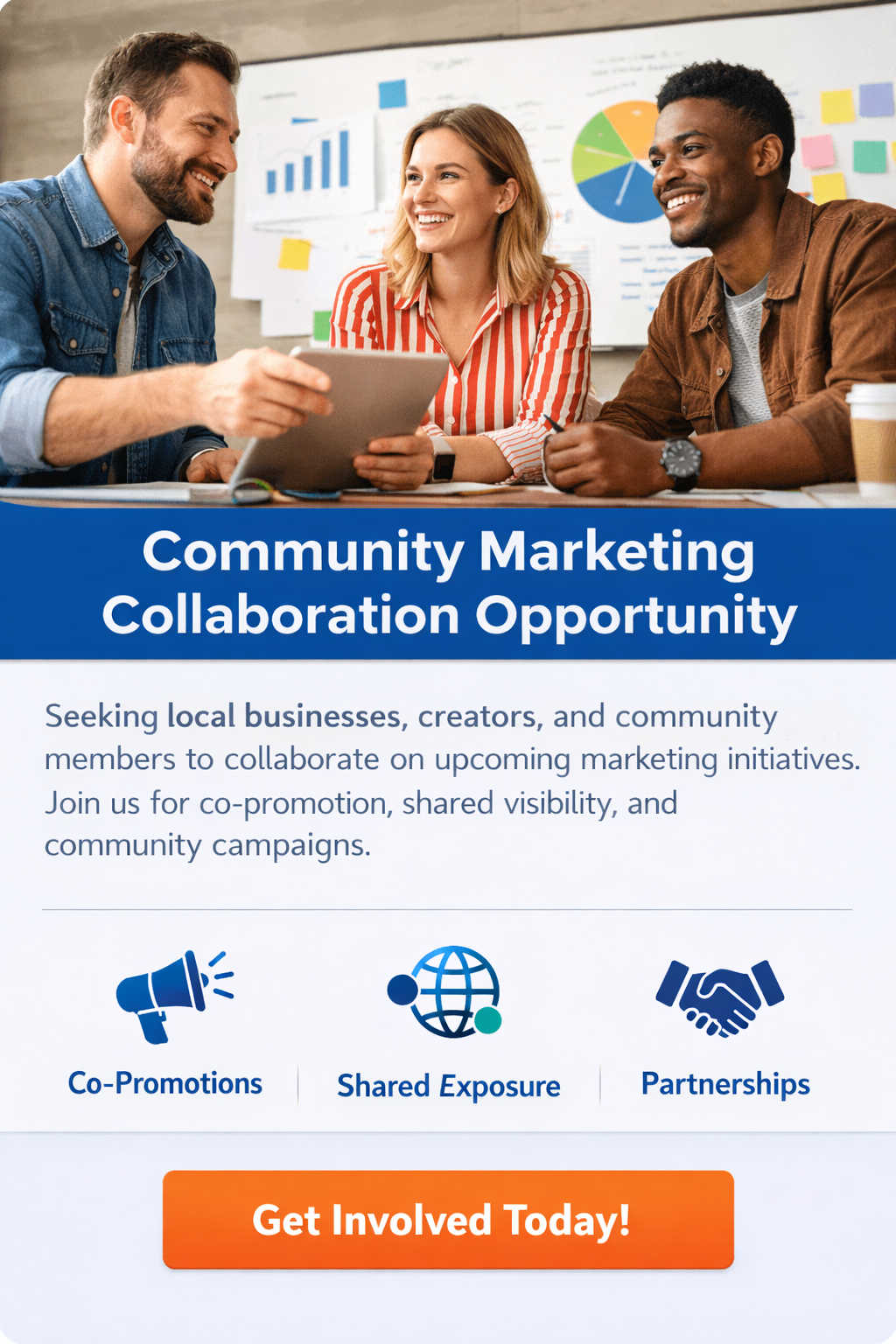 Three people collaborating on a tablet. Text: 