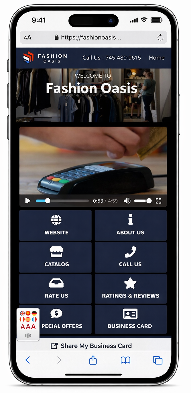 Mobile webpage for Fashion Oasis, showing a video with a credit card terminal and navigation buttons.