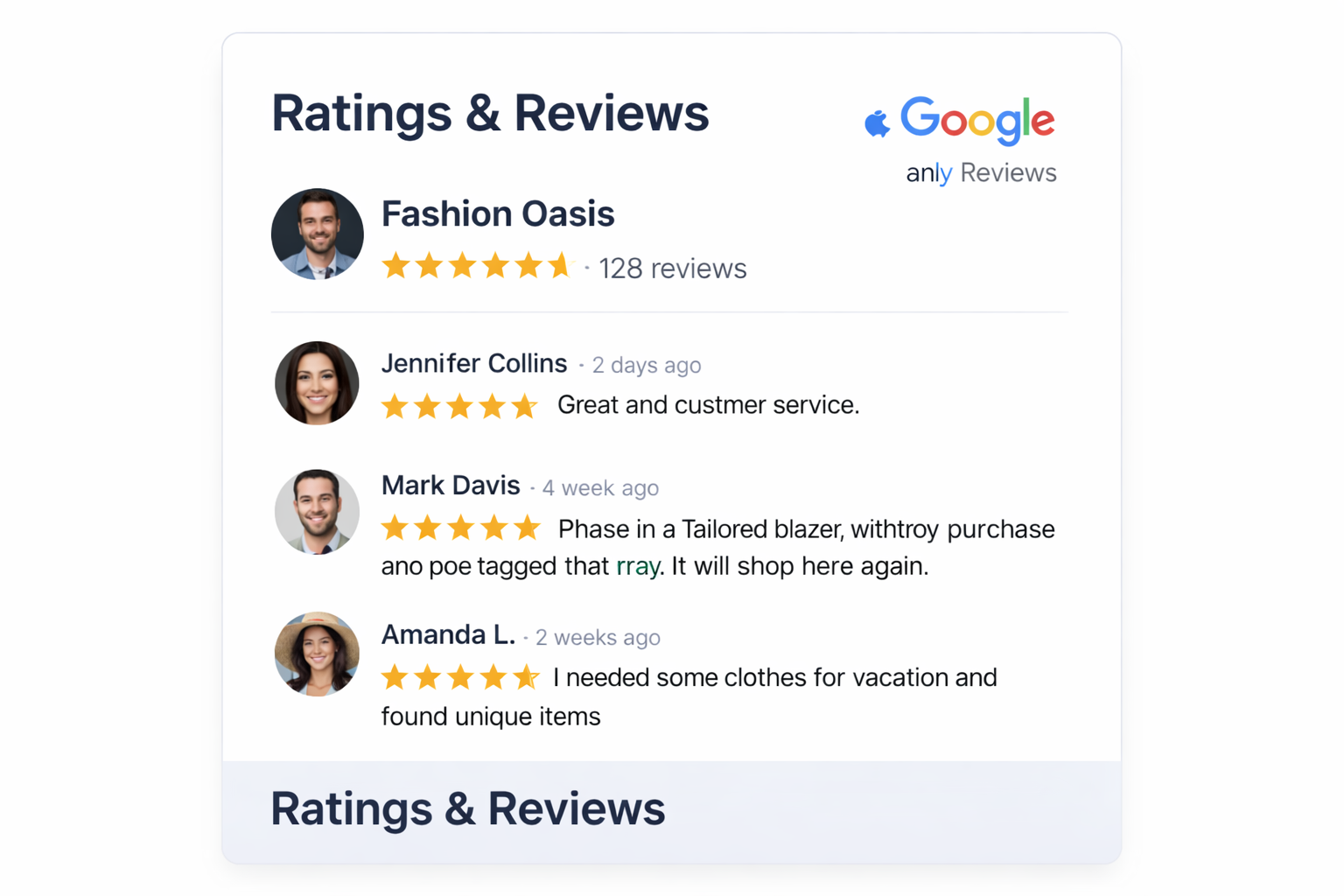 Reviews for Fashion Oasis with star ratings and comments from customers.