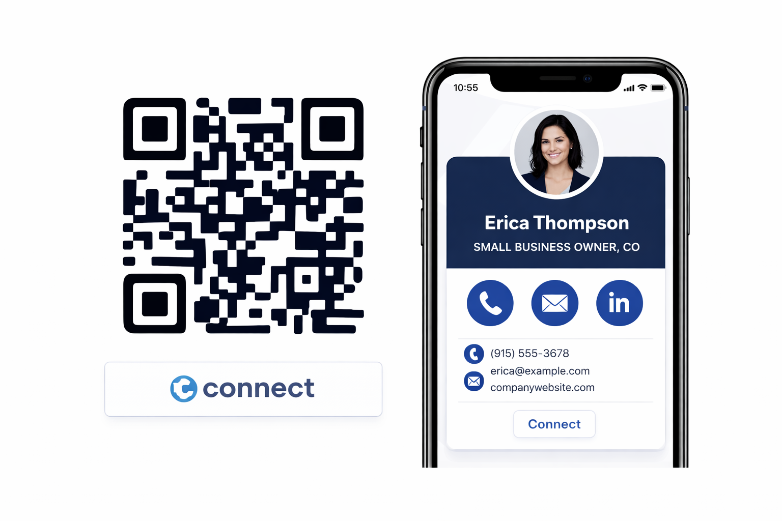 QR code and digital business card on a phone screen; a woman's profile picture with contact information.