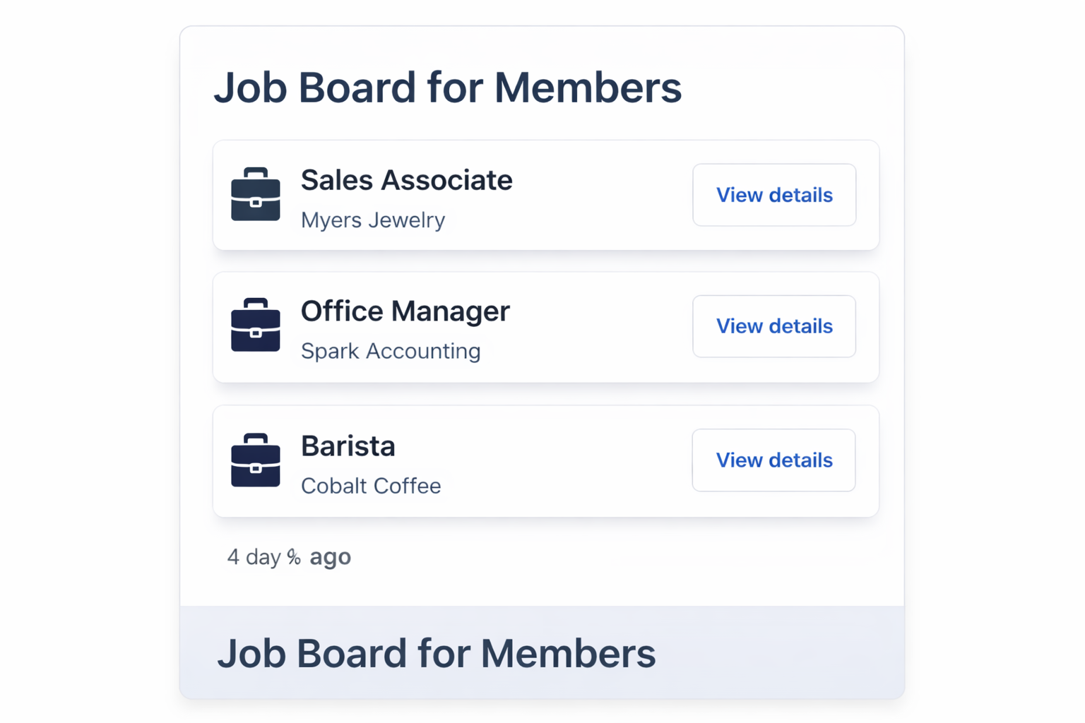 Job board listing three jobs: Sales Associate, Office Manager, and Barista.
