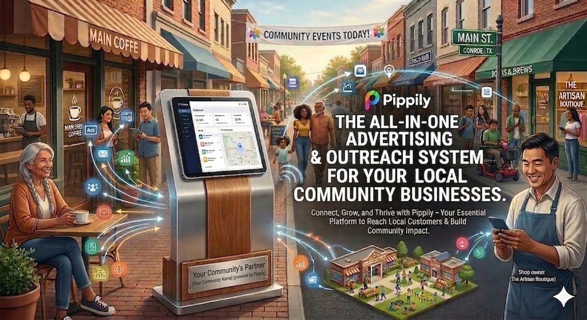 A person holds a tablet displaying marketing analytics in a town square, promoting the Pippily advertising system.