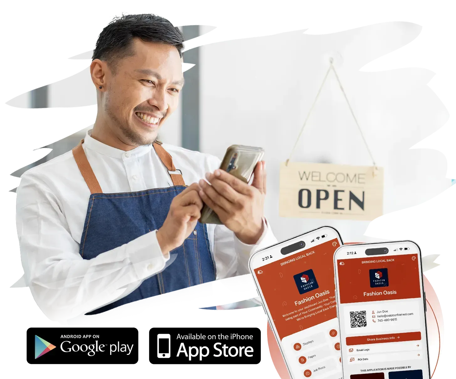 Man in apron smiling, using a phone. Open sign in background, app interface on phones, and app download icons.