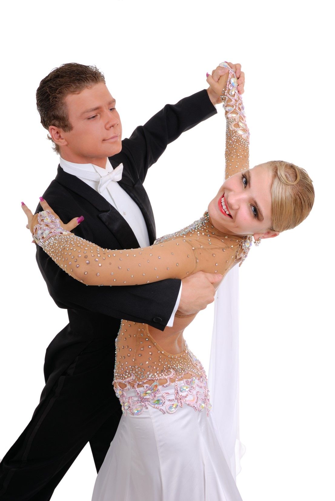 A ballroom dancer couple in formal attire, performing with graceful movements.