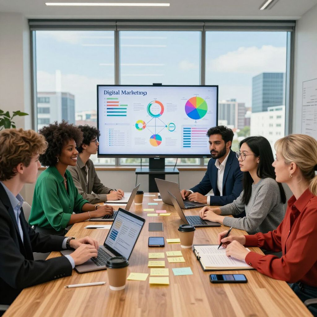 Team in meeting, looking at digital marketing data on screen.