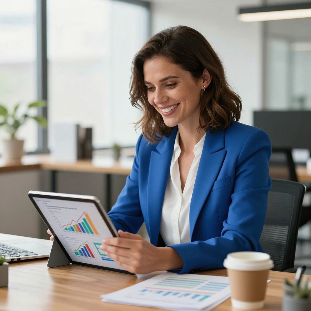 Woman in blue blazer smiles, looking at tablet displaying charts, in office.