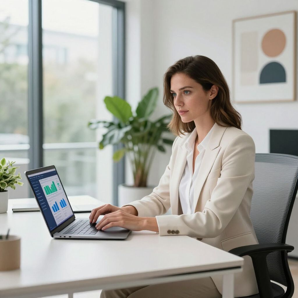 Woman in a cream blazer typing on a laptop at a white desk in a bright office.